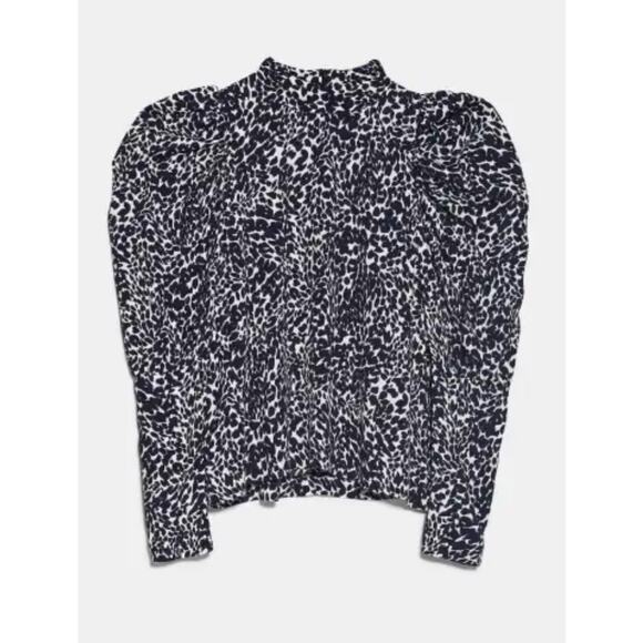 ZARA | Black and white Cheetah Print Puff Sleeve Mock Neck Blouse | Size Small - Picture 1 of 7